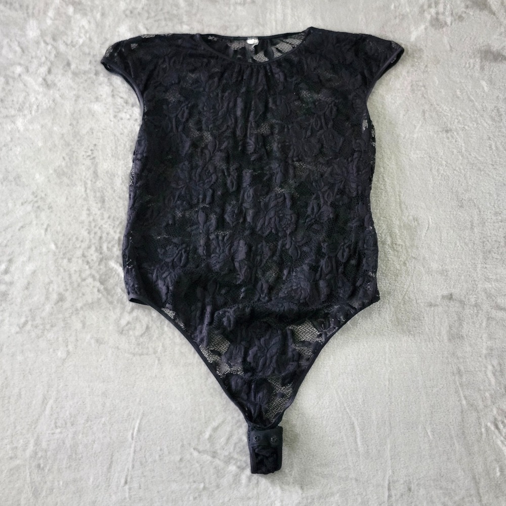 Vintage Silk Black Oriental Floral Lace Top Bodysuit Cap Sleeve Lace Sheer‎
